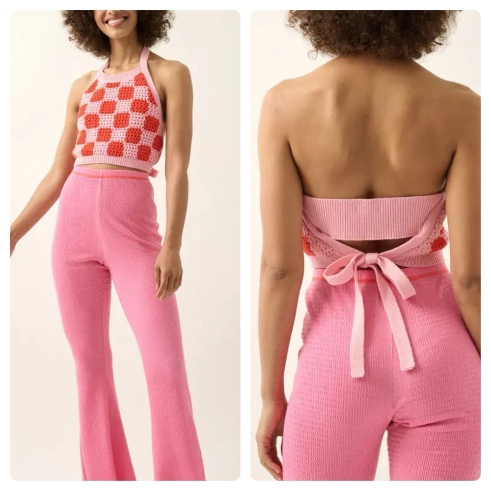 Promesa Checkerboard Crochet-Knit Tie-Back Halter Top Size Small
